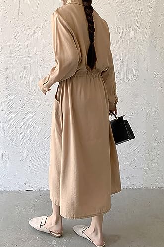 Image of Women Roll-Up Long Sleeve Button Down Shirt Midi Dress