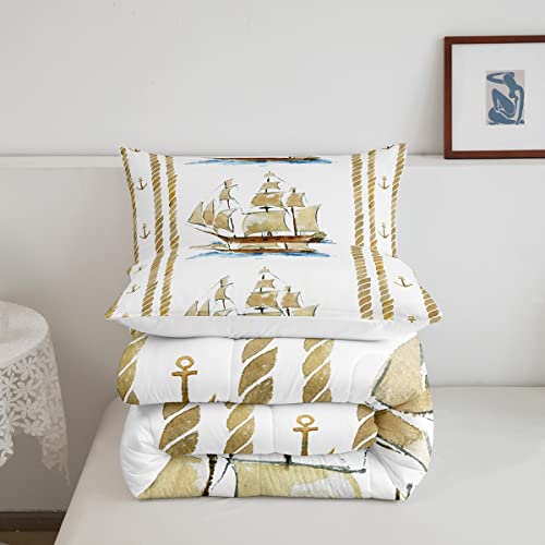 Erosebridal Edredom duplo veleiro retrô de navio com inserção de corda e âncora, edredom de barco vi
