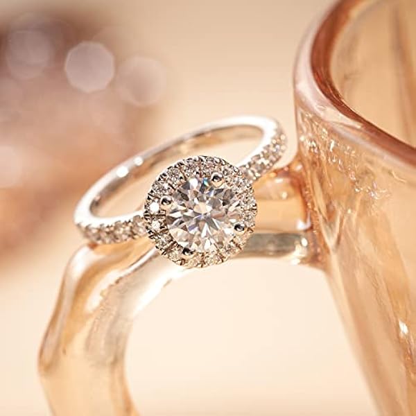 Mejewri Moissanite - Anelli di fidanzamento da donna, in argento con diamanti Halo placcati in oro bianco 18 carati