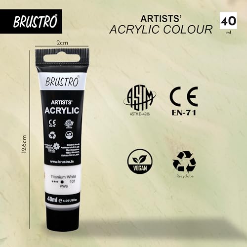 Image of BRUSTRO Artists Acrylic Paint Tube | 40ml, Titanium White (Pack of 2)|Non-Toxic, Water Based, Inter Mixable, Ideal for Painting, Textured Effects on Canvas, Paper, Fine Art Student and Professionals