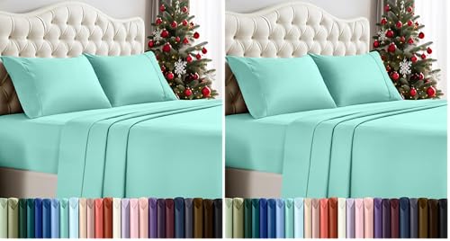 DXPSXJL Queen Sheet Set – 4 Piece Bed Sheets for Queen Size Bed, Soft and Breathable Microfiber, Includes 1 Fitted Sheet, 1 Flat Sheet and 2 Pillowcases (Spa Blue) (Pack of 2)