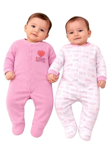 Image of Kidbee Baby Cotton Romper Pack of 2 | 100% Soft Cotton Hosiery | Front Open Snap Buttons | Full Sleeve Footed Sleepsuit | Newborn Baby Clothing Set