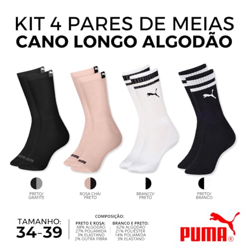 Kit 04 Pares MEIA ESPORTIVA CANO LONGO - PUMA | 2 Pretas -1 Rosa - 1 Branca | 34-39