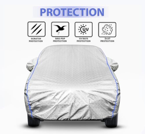 Image of Kerwa Waterproof Car Cover Compatible with Tata Altroz, Dust, UV & Scratch, All-Weather Proof Full Body Cover, Metallic Silver with Blue Lining, Triple Stitched Elasticated Bottom with Mirror Pocket