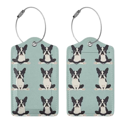 Buyidec 2 Pack Yoga Boston Terrier Funny Dogs Luggage Tags for Suitcases, Leather Baggage Tag with Loop, Funny Cool Name Id Card Cover Travel Bag Labels Set for Women Men Boys Girls Kids