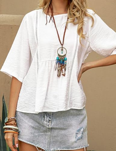 Womens Summer Cotton Linen Half Sleeve Shirt Crewneck Loose Fit Solid Oversized Basic Tee Blouse Tops2