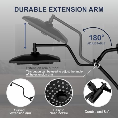 Image of ELLO&ALLO Rain Shower Head with Handheld Spray, Rainfall Shower Head Combo with 60 inch Hose, Dual Showerhead Set with Adjustable Shower Extension Arm, Matte Black
