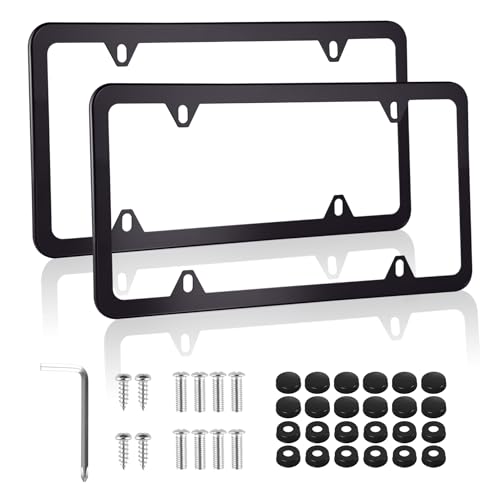 Alpmosn 2PCS Stainless Steel License Plate Frames 4 Holes Car Licence Plate Covers with Screws Washers and Caps Car Exterior Accessories License Plate Holder for US Vehicles (Black)