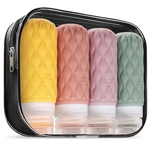 100ml Silicone Travel Bottles for Toiletries with Labels/Clear Bag, Holiday Travel Essentials Leakproof Refillable Squeeze Travel Size Containers Set for Shampoo and Conditioner