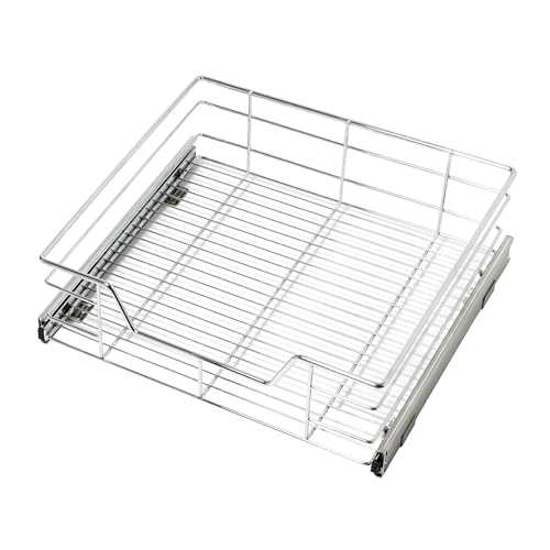 Smart Design 1-Tier Shelf Pull-Out Cabinet Organizer - Extra Large Tall - Roll-Out Extendable Sliding Drawer - Steel Metal - Kitchen (20 Inch x 18-35) [Chrome]