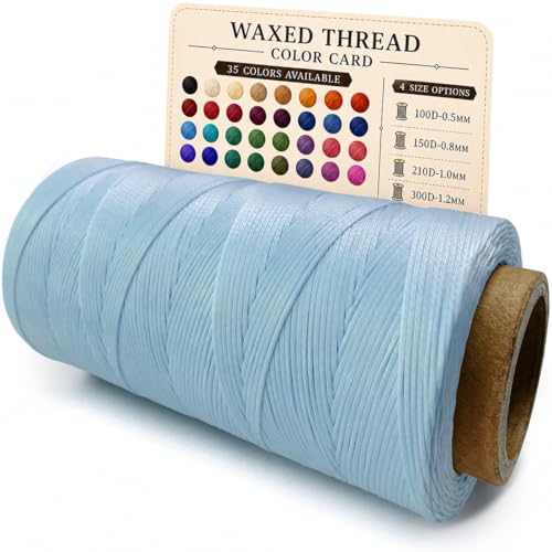 SiiRo Flat Waxed Thread for Leather Sewing, 150D Polyester Waxed Cord for Hand Stitching, Bookbinding, Bracelet Making and DIY Leather Craft, 0.8mm 300 Yard Light Blue