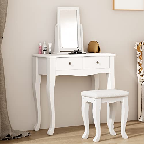 Soges Makeup Vanity Table Set, 2-Drawer Dresser Desk, 360° Rotation Mirror, Cushioned Stool, Bedroom Dressing Table Set, White #TOP1