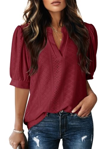 Image of Dokotoo Womens Blouses V Neck Puff Short Sleeve Business Casual Tops