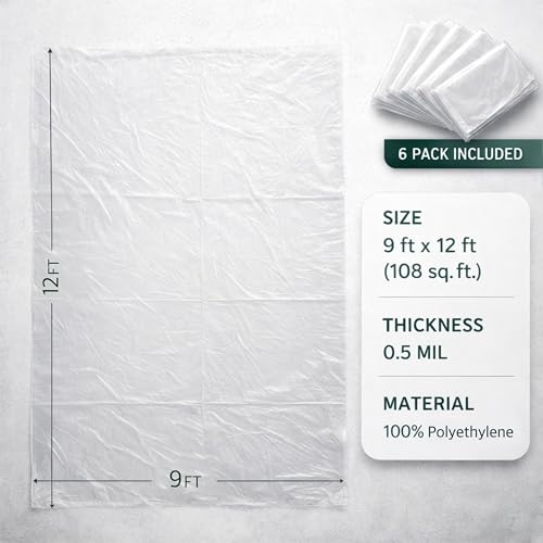 Image of GREEN LIFESTYLE Plastic Drop Cloths for Painting 12 x 9 ft [6 Pack] - Waterproof Paint Drop Cloth, Plastic Sheets Floor Cover, Disposable Tarp for Furniture Protection, Remodeling and Moving