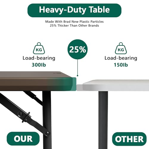 Image of Folding Table, 4FT Foldable Picnic Table with Adjustable Height, Heavy Duty Fold-in-Half Portable Table for Weddings, Camping, RV Travel, Parties, BBQs, and Indoor Use, Easy to Fold and Store, Brown