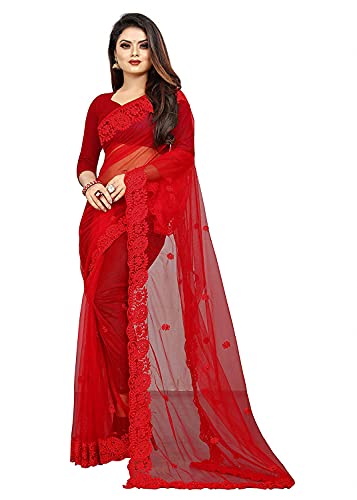 Sari en filet pour mariage et soirées indiennes habillées en rouge éclatant