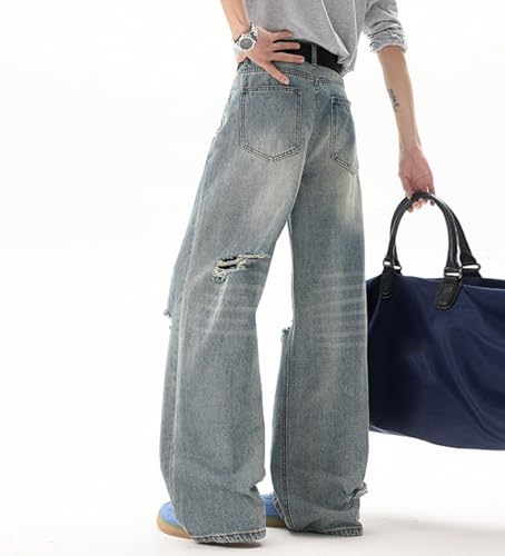 Men's Straight Jeans Vintage Distressed Casual Wide-Leg Ripped Denim Trousers with Pockets3