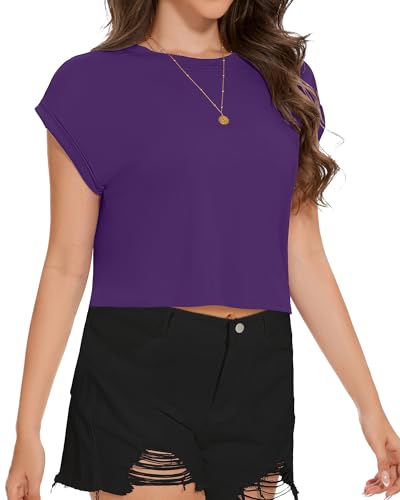 Image of Womens Crop Tops Summer Roll Cap Sleeve Cropped Tshirt Loose Fit Basic Tees