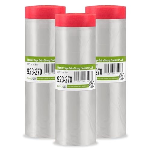 Colorus Abdeckfolie mit Klebeband – 3er Set 270 cm x 16 m – faserverstärktes Goldband Masker Tape – Maler Abdeckfolie mit statisch haftender HDPE-Folie – UV-beständig 120 Tage