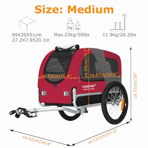 DOGGYHUT® MEDIUM Fahrrad Hundeanhänger für Hunde bis 23 kg Fahrradanhänger Klappbar (ROT)