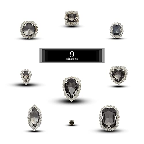 TANOSII Sew on Rhinestones 100 PCS Mixed Shapes Glass Rhinestones Sew on Crystal Gems Mental Flatback with Silver Claw for Jewelry Crafts Clothes Shoes Costume Garment Gray Type 1