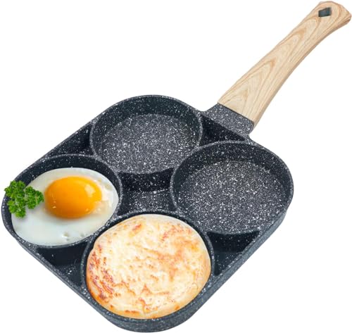 Image of 4 Hole Non Stick Egg Frying pan with Detachable Wooden Handle,Multi Purpose Frying pan for Omelet Uttapam Idli Burger Poached Egg Kitchen Breakfast