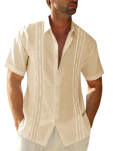 Image of Runcati Mens Short Sleeve Guayabera Shirts Linen Cotton Button Down Mexican Embroidered Cuban Wedding Shirt Summer Beach Tops
