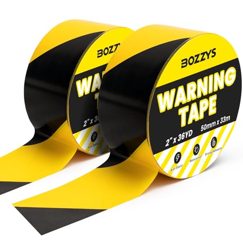 BOZZYS Industrial Black & Yellow Caution Tape 2-Pack | 2in x 108ft Floor Marking Tape | Waterproof & Forklift-Proof | Long-Lasting for Warehouse Factory Parking