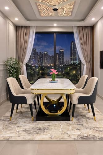Image of Ring Dining Table Set 4 Seater Marble Finish Dining Table Set with Gold Metal Base & Cushioned Chairs - Modern Dining Table for Home & Kitchen (54 x 36 x 30 Inch) (Grey + Cream)