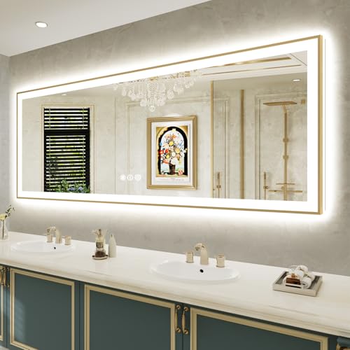 Image of 84x32 LED Bathroom Mirror with Lights, Gold Framed Lighted Mirror | Backlit and Front light, Anti-Fog, 3 Color Dimmable, Memory, Tempered Glass, IP54 Waterproof, UL Listed