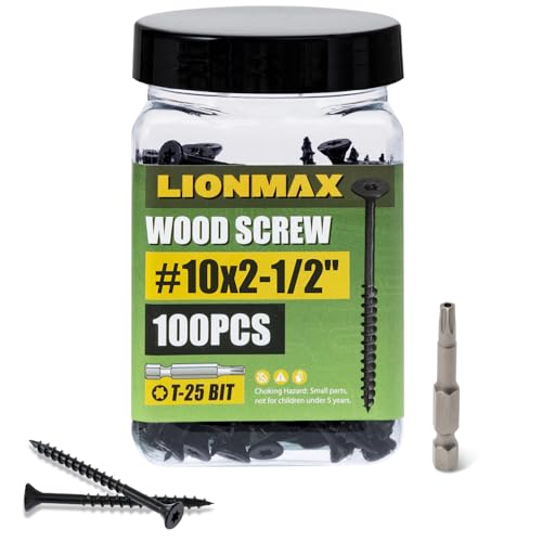 Image of LIONMAX Deck Screws 2-1 /2 Inch, Wood Screws #10 x 2-1 /2 inch, 100 PCS, Rust Resistant, Exterior Epoxy Coated, Outdoor Decking Screws, Torx /Star Drive Head Screw, T25 Star Bit Included, Black