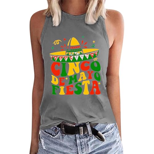 Camiseta sin mangas para mujer, camiseta sin mangas, cuello redondo, para primavera, verano, 5 de mayo, festival, impresa, camiseta sin mangas, para beber, gris oscuro, S