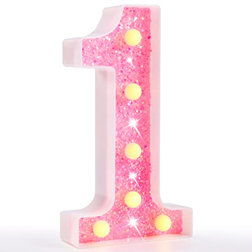 Pooqla Marquee Numbers Lights, light up Numbers Battery Powered, Glitter Lighted Numbers for Girls 1st Birthday Party, Shiny LED Numbers for Christmas Wedding Home Bar Decoration, Pink Number 1