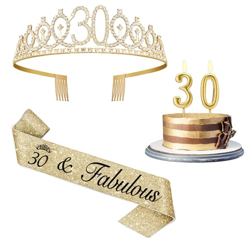 30th Birthday Decorations for Her Gold Tiara Sash Candle