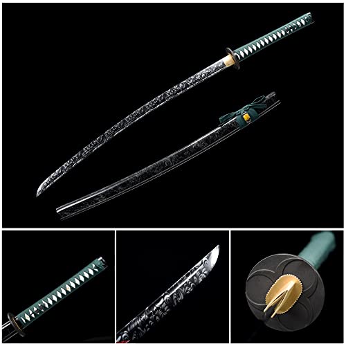 Ryujin 1045 Carbon Steel Graphic Blade Series Samurai Sword (Green Handle w/Black Gray Blade)