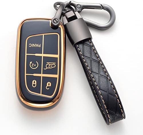 Saimui for Jeep Key Fob Cover with Leather Keychain Soft TPU Protection Key Case Compatible with Grand Cherokee Renegade Smart Key,Black