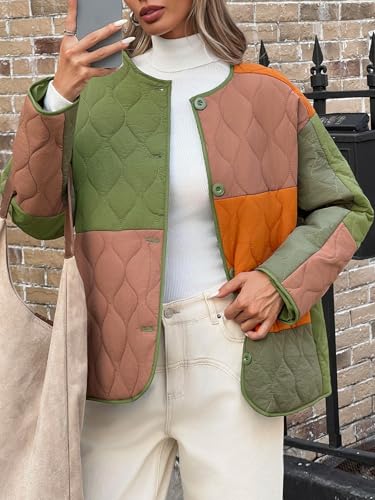Tankaneo Womens Color Block Quilted Lightweight Jacket Oversized Collarless Puffer Coat Button up Outerwear2