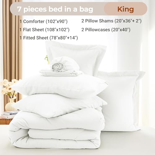MUXHOMO 7 Pieces King Comforter Set, Soft Bed in a Bag King Size, All Season Bedding Set with Comforter, Flat Sheet, Fitted Sheet, Pillowcases & Shams, White