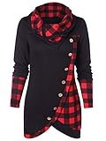 CHARMMA Women's Long Sleeve Button Cowl Neck Plaid Asymmetrical Hem Casual Tunic Top Blouse Black, Large