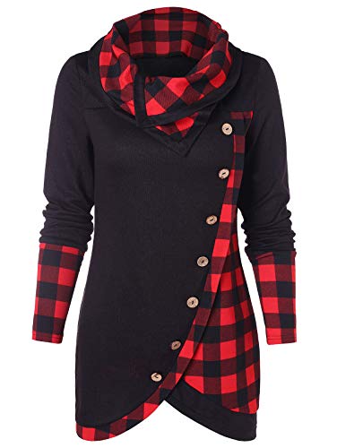 Rosegal Women's Turtleneck Long Sleeve Asymmetrical Plaid Thin T-Shirt Tops (Black, XL)