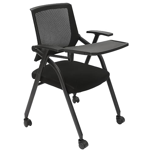 Kreiaoer Folding Office Chair with Tablet and Caster Wheel, Mesh Guest Reception Chairs with Arm, Rolling Chair for Office, School, Training Conference Waiting Room (Black)