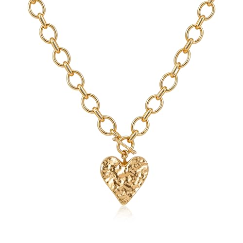 Robaice Mothers Day Gifts Chunky Gold Heart Necklace for Women，14K Gold Plated Hammered Heart Pendant Bold Chain Necklace with Toggle Clasp，Waterproof Non Tarnish Hypoallergenic Chunky Statement Jewelry Gift for Women