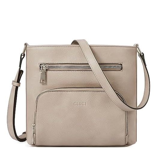 CLUCI Pequena bolsa transversal feminina compacta de couro vegano com vários bolsos bolsas de ombro para viagens, 2 cinza vintage em dois tons, Medium, Vintage