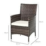 Outsunny 2 Pieces Outdoor PE Rattan Dining Chairs Set with Cushion, Garden Armchair with Armrests, High Backrest, Metal Frame Patio Wicker Furniture, Mixed Brown - Image 3