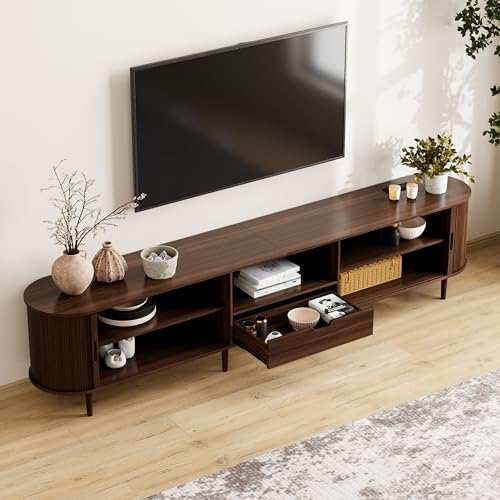 Image of DHH 95.2 inch Fluted TV Stand with Power Outlet for TVs up to 100 inch, TV Console with Adjustable Shelves and Sliding Door,Mid Century Modern Entertainment Center for Living Room,Bedroom (Walnut)