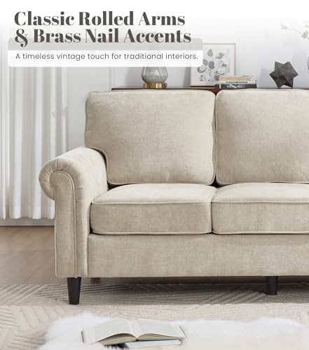 Image of Kingfun 3 Seater Couch with Chair, Mid Century Modern Sofa Set with Rolled Arms and Deep Seats, Fluffy Comfort for Living Room, Apartment, Easy Assembly, Khaki