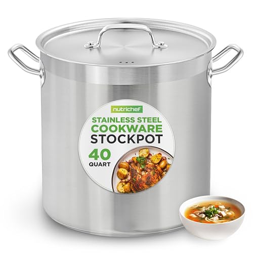 Nutrichef Stainless Steel Cookware Stockpot, 40 Quart Heavy Duty Induction Soup Pot With Stainless Steel Lid And Strong Riveted Handles, Even Heat Distribution, Compatible With Most Cooktops