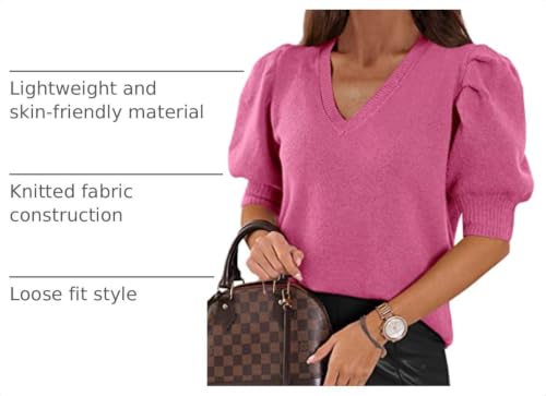 Image of Womens Puff Short Sleeve Sweater Tops V Neck Shirts Casual Pullover Blouse