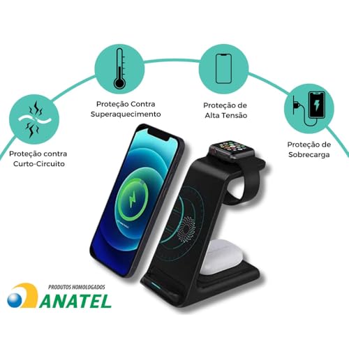 Carregador por Indução Sem Fio 3 em 1 Turbo com Led de Toque para Iphone Airpods Apple Watch Base de