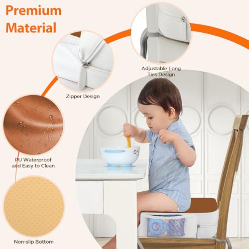 Image of Booster Seat for Kitchen Chair, 3.8 inch Toddler Booster Seats for Dining Table with Ties, PU Dining Booster Seat with Side Pockets, Non-Slip & Removable Table Booster Seat Increasing Cushion (Brown)